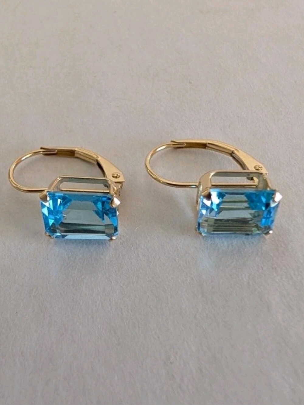 14k Yellow Gold Emerald Cut Blue Topaz Dangle Earrings 2.0CT - Picture 9 of 13